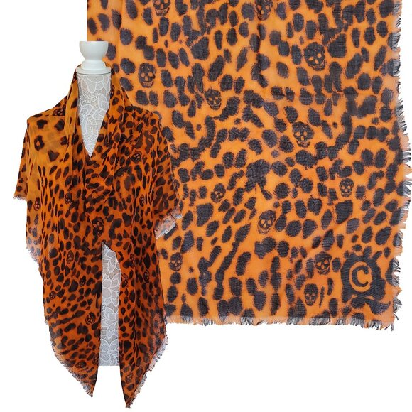 ALEXANDER MCQUEEN SCARF ORANGE CASHMERE SILK SKULL ANIMAL PRINT 50" SQUARE - Picture 1 of 14